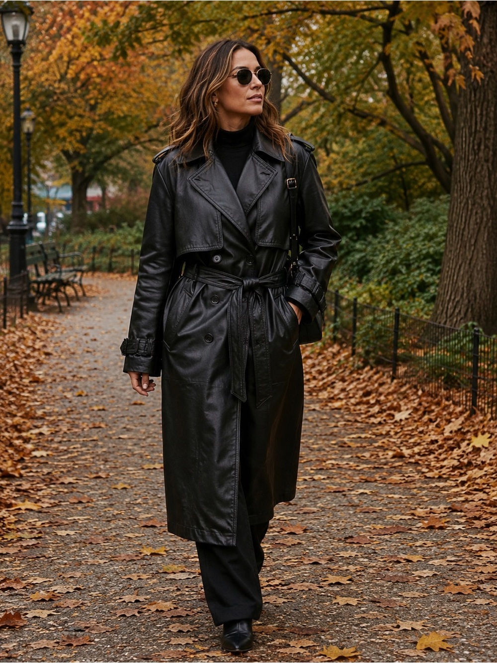 Vintage Classic Black Leather Trench Coat - Women